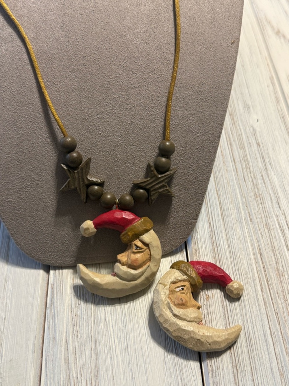 Hand-Carved Santa Moon Necklace and pin